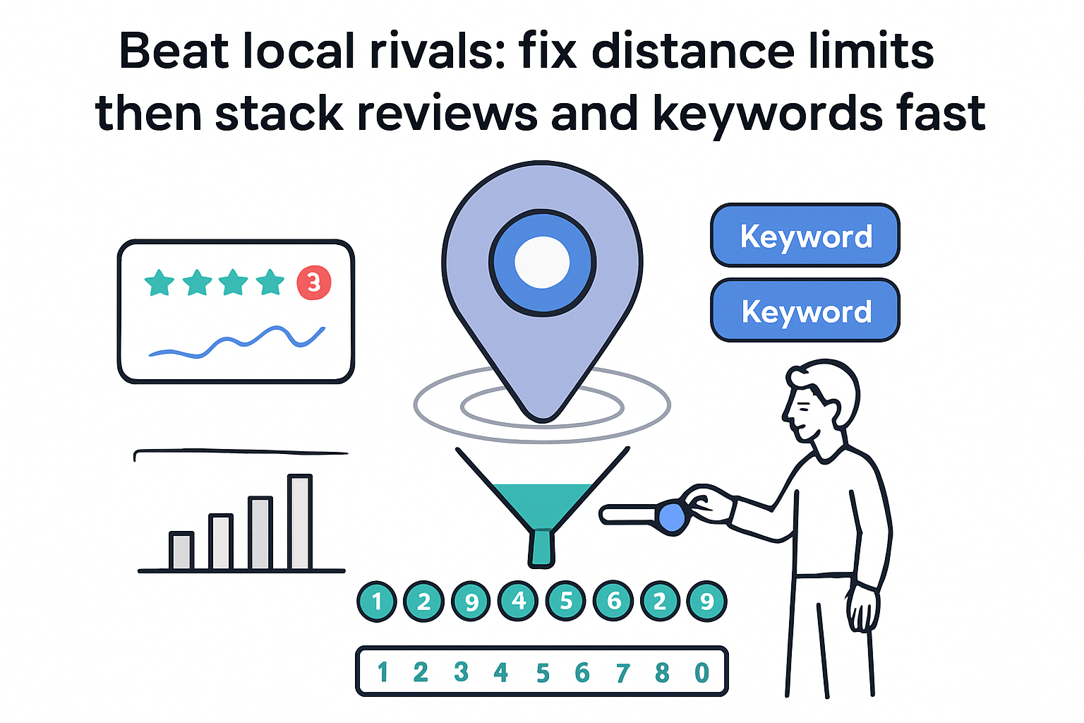 Minimalist illustration of map pin funnel with reviews keywords distance slider local SEO rank bars