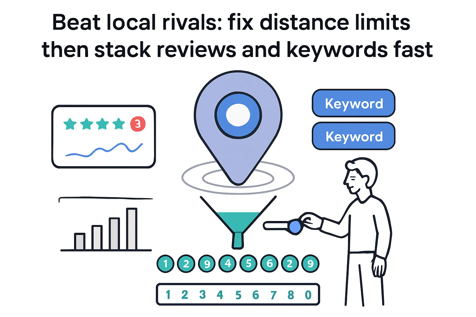 Minimalist illustration of map pin funnel with reviews keywords distance slider local SEO rank bars
