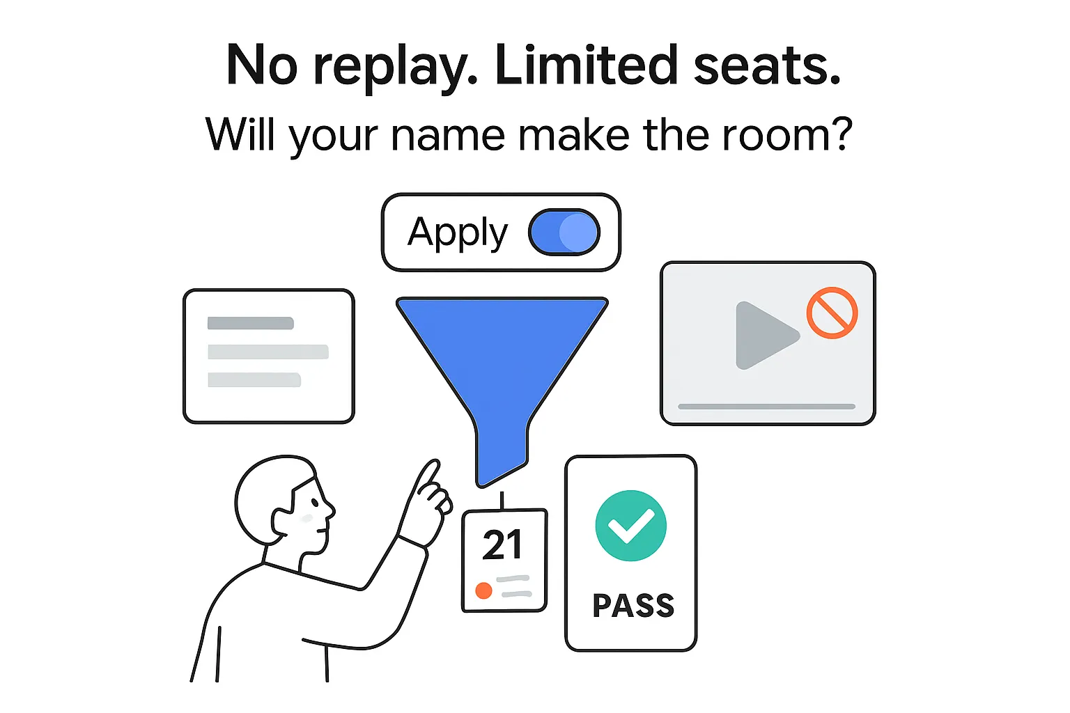 Minimalist illustration funnel to success pass card report panel muted video no livestream person toggling