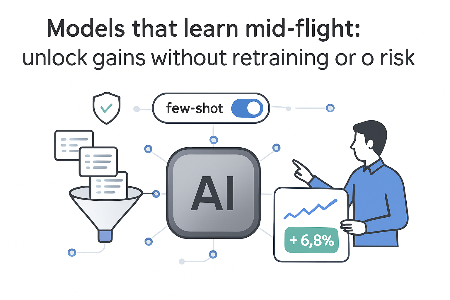 Minimalist AI chip illustration funneling inputs few shot toggle performance gain six point eight percent