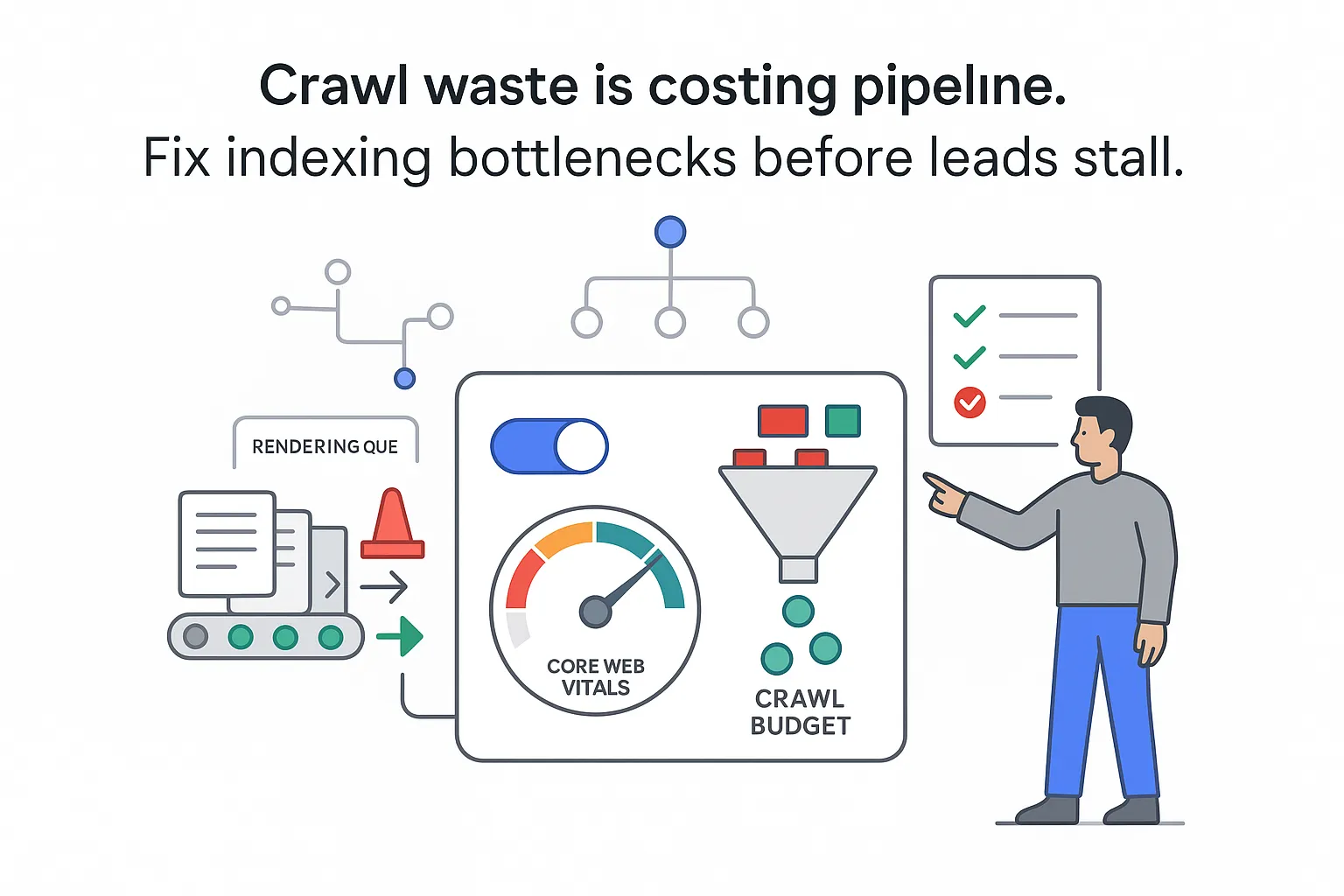 Minimalist indexing control hub with SSR toggle Core Web Vitals gauge crawl budget funnel
