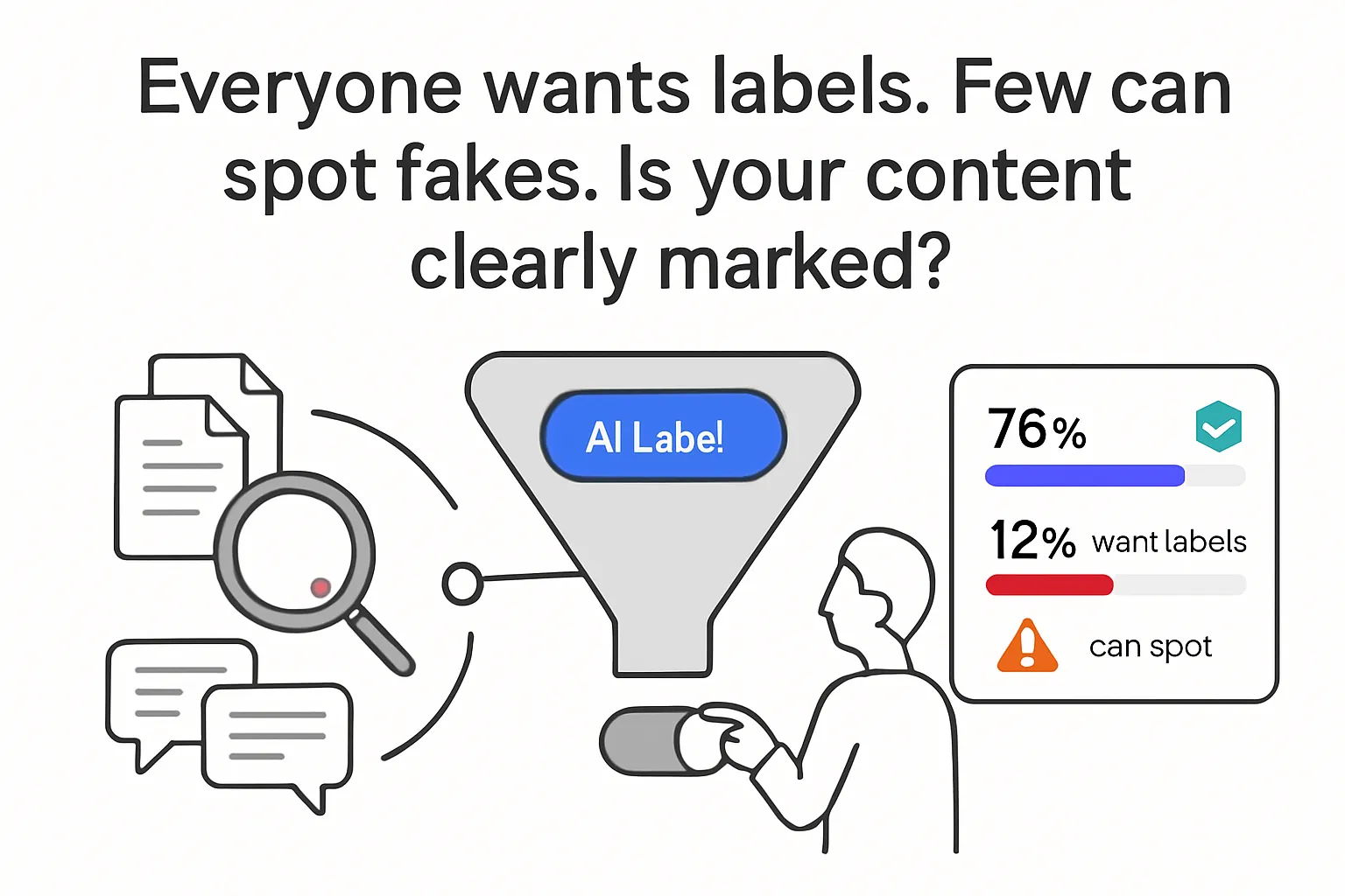 Minimalist content funnel AI label toggle person pointing to report showing 76 percent want labels