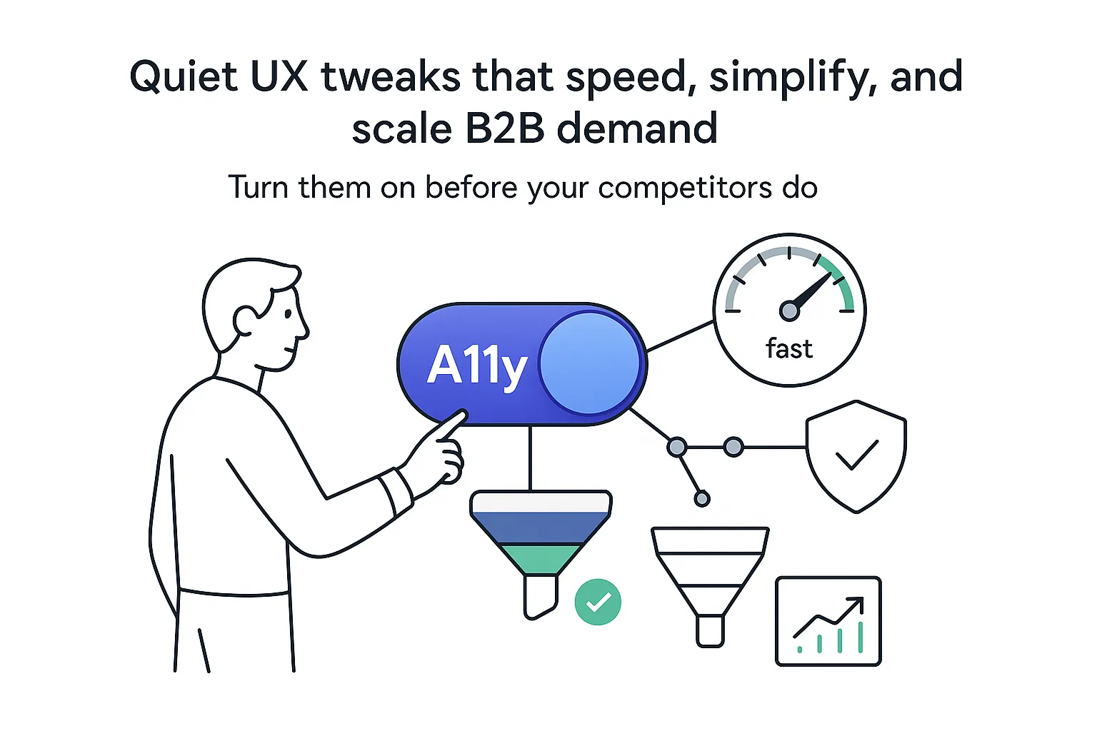 Minimalist tech illustration of A11y toggle on with speed dial LCP INP shield funnel person