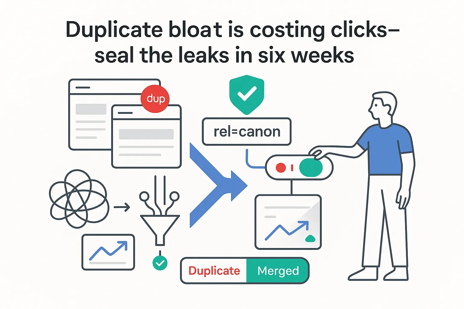 Minimalist illustration of duplicate UI panels merging into a canonical page with KPI and toggle
