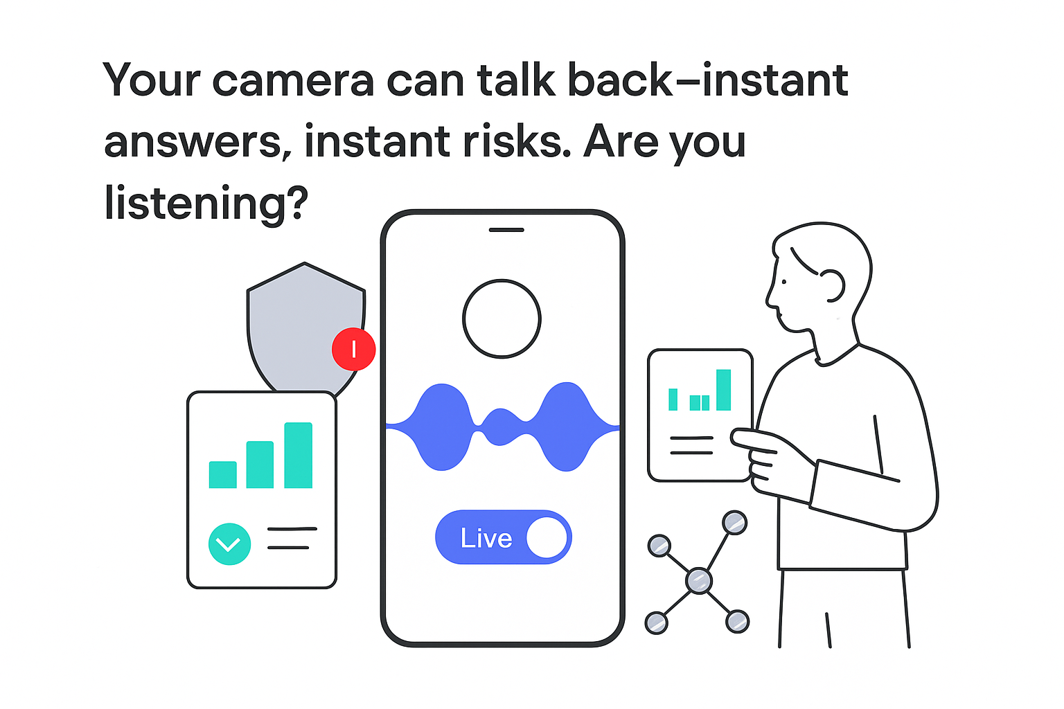 Minimalist smartphone illustration voice waveform live toggle privacy shield report card funnel nodes person pointing