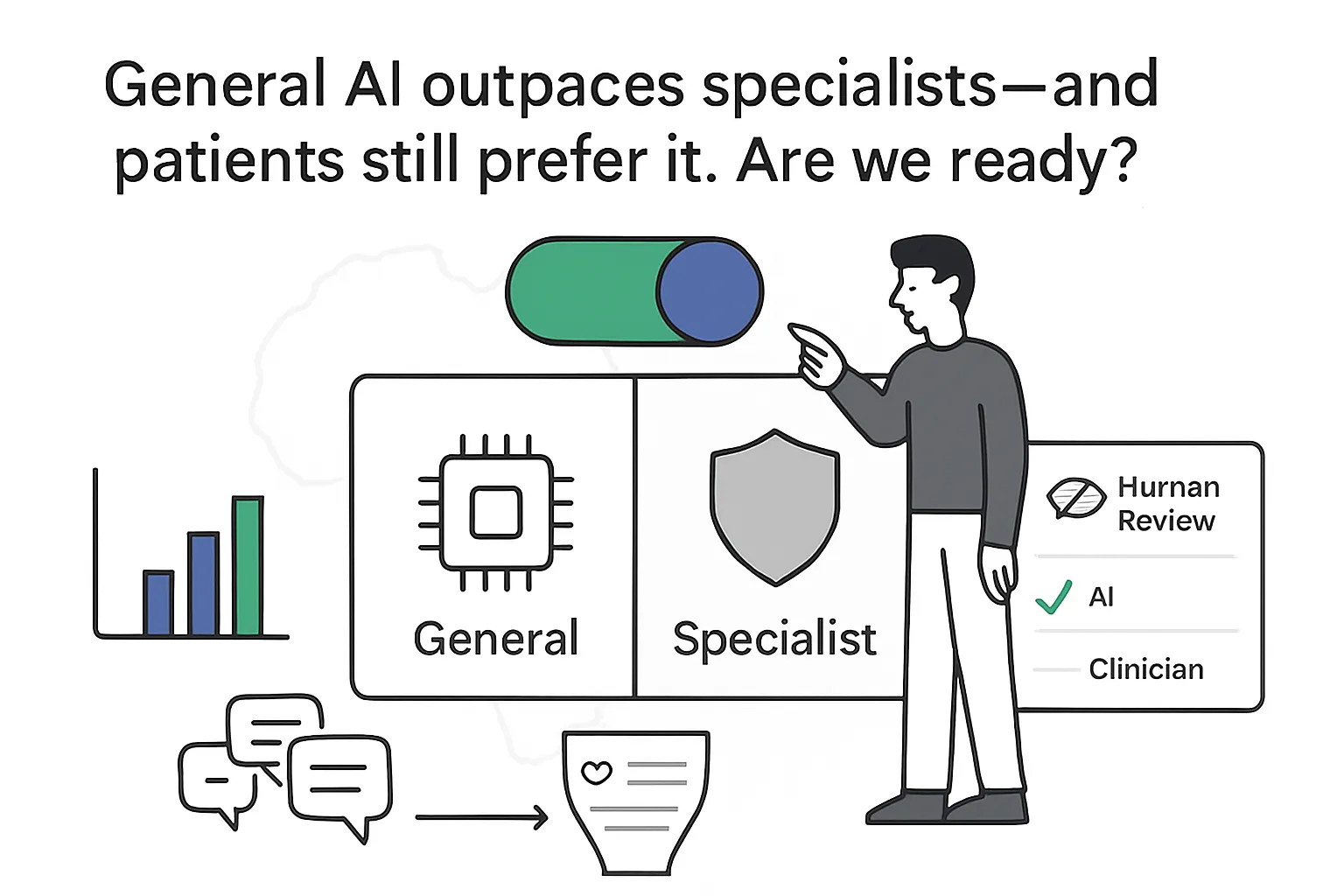 Minimalist illustration comparing general AI and specialist AI toggle with Africa outline human review report