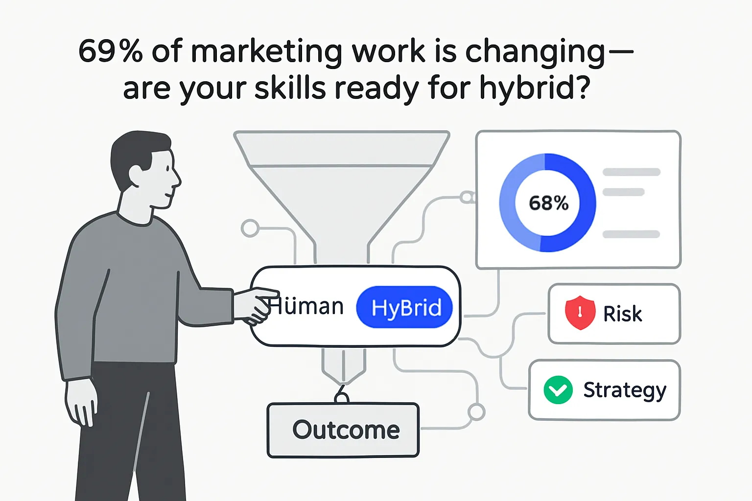 Human pointing to hybrid toggle between human and AI with 69 percent marketing funnel report