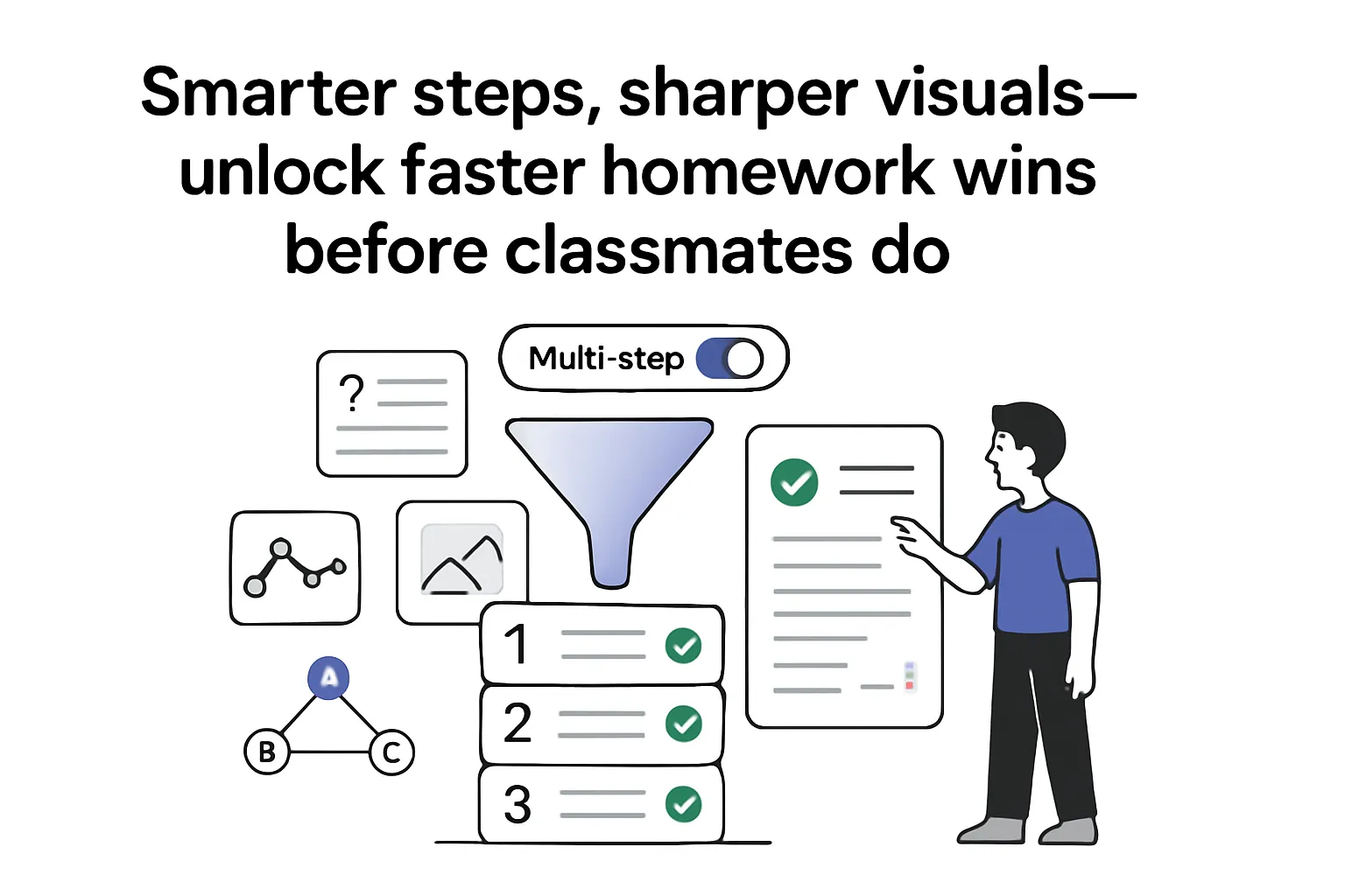 Minimalist tech illustration funnel generating multi step flashcards for faster homework reviewed by student