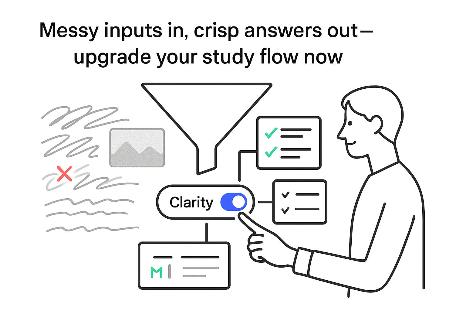 Tech illustration funnel converting messy inputs into crisp study flashcards and checklist person toggling clarity