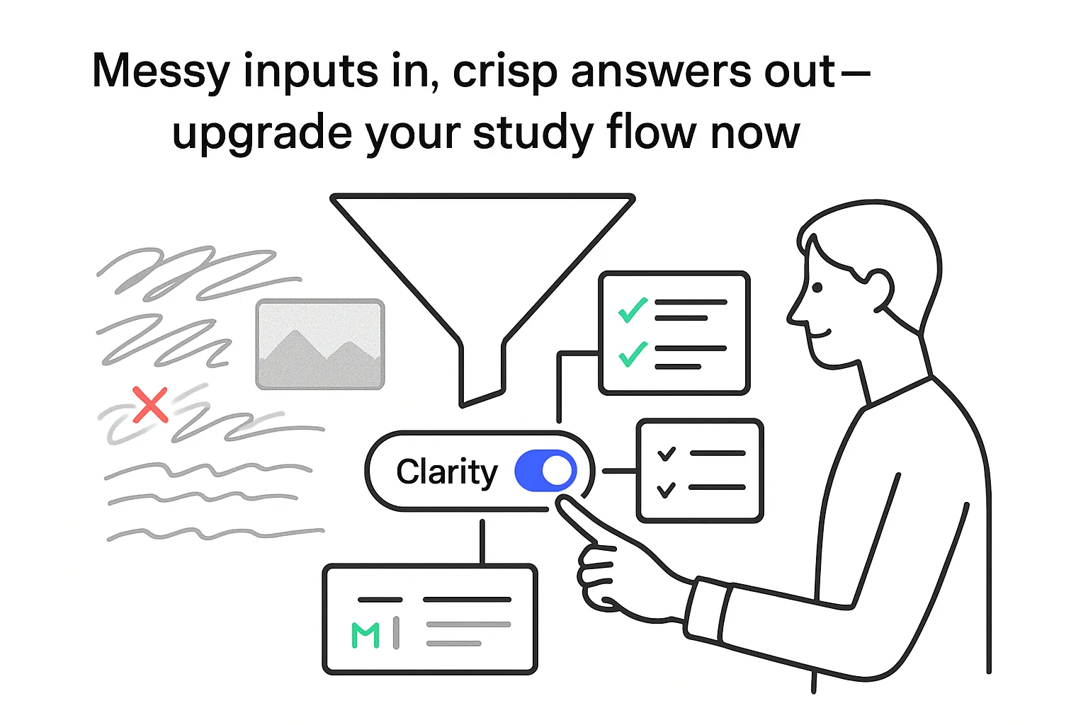 Tech illustration funnel converting messy inputs into crisp study flashcards and checklist person toggling clarity