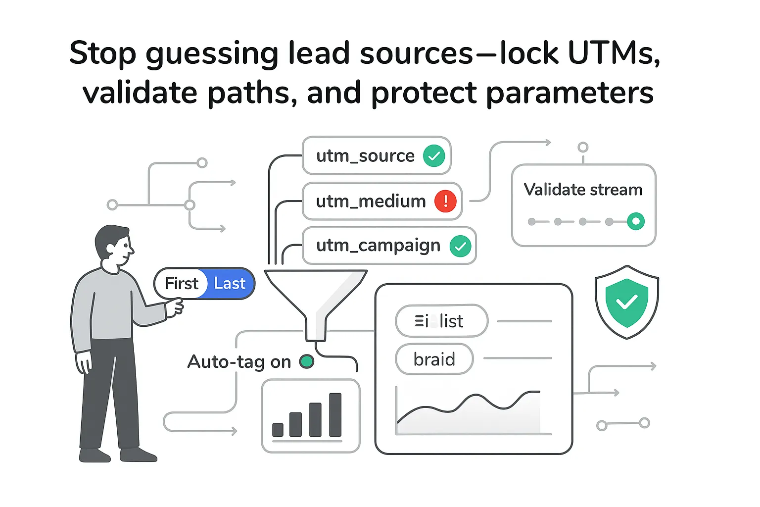 Attribution funnel with UTM chips analytics panel validation shield protecting gclid braid first last toggle