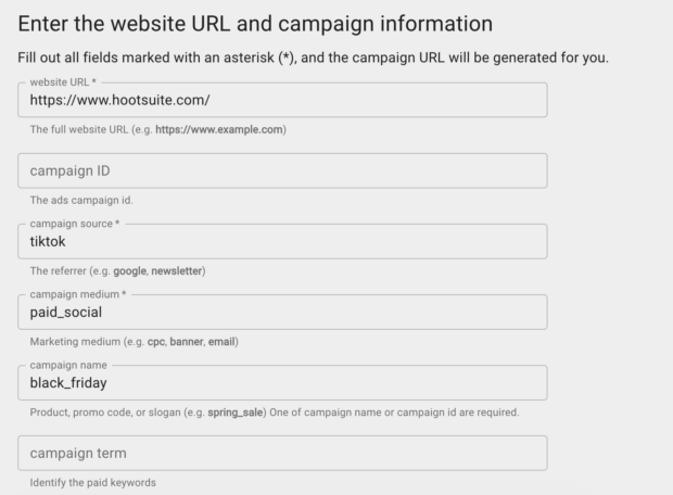 Example of a UTM builder form configured for a campaign