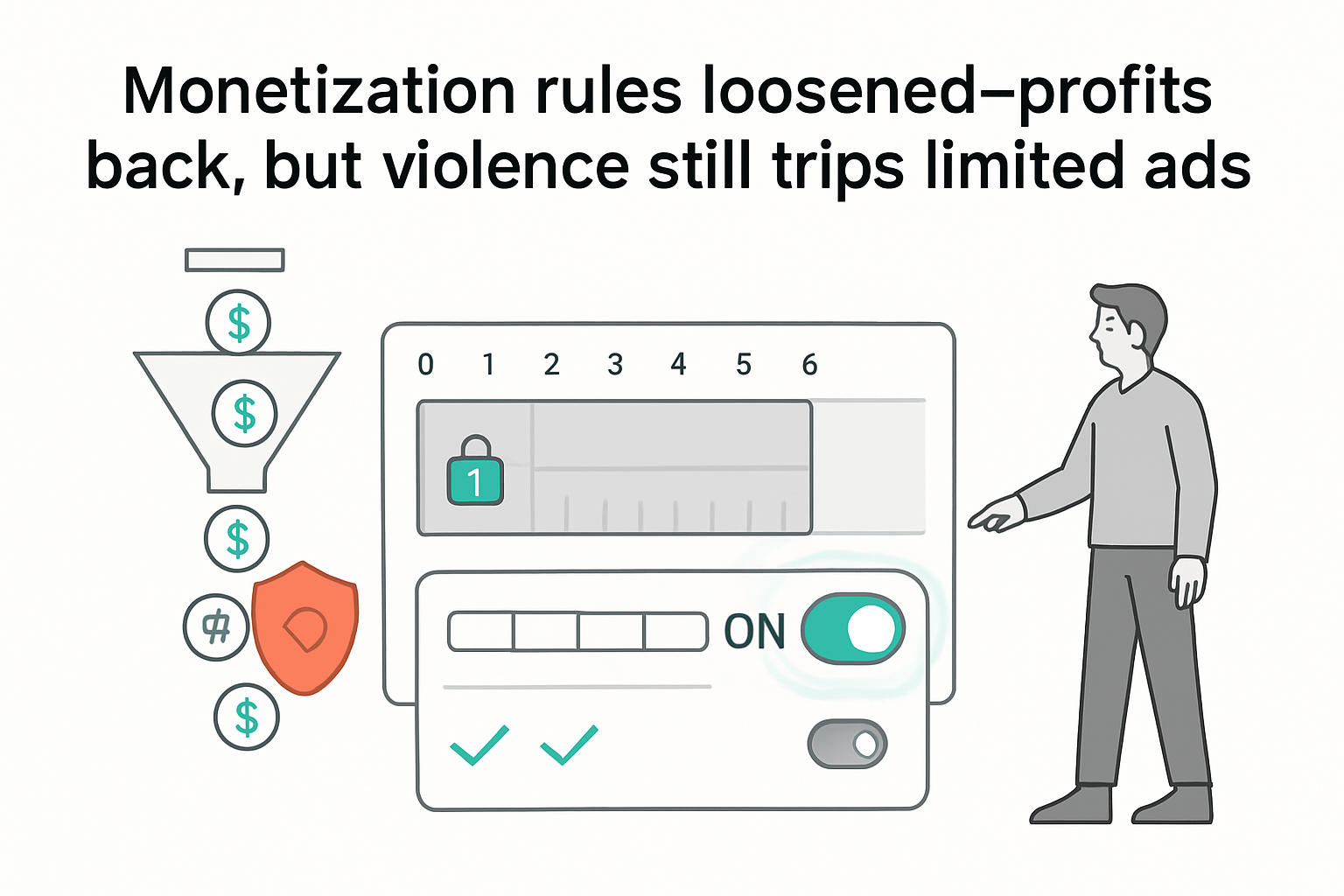 Minimalist tech illustration showing unlocked video timeline toggle monetization funnel shield limiting violence ads