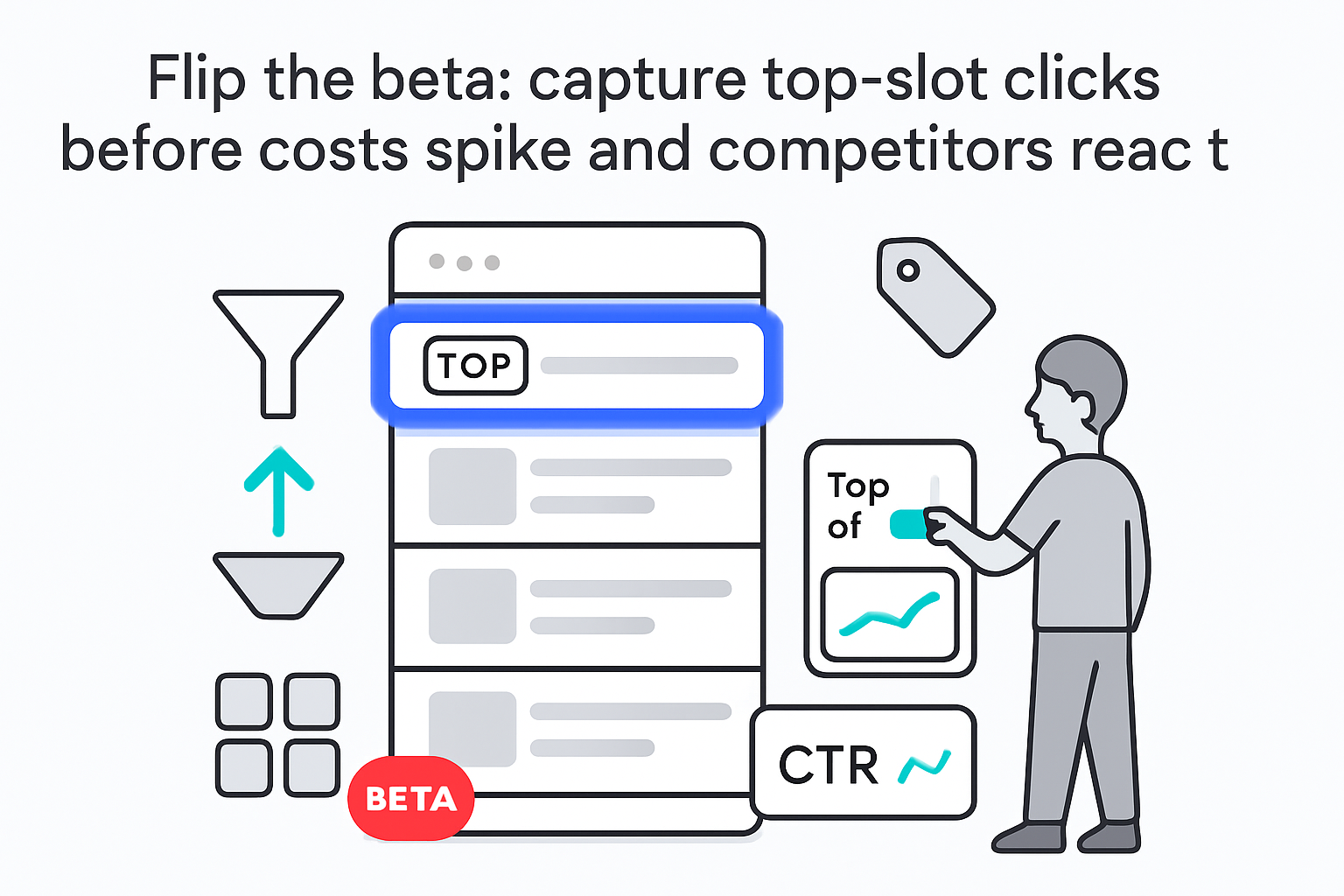 Highlighted top search result stack funnel arrow top of search toggle CTR cost alert