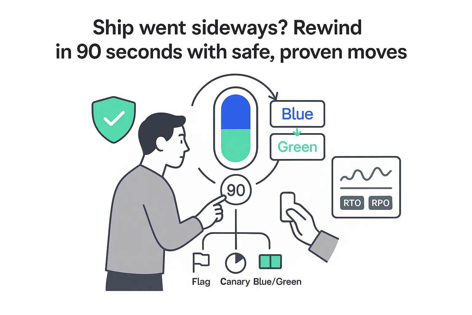 Minimalist rollback control with toggle Blue and Green environments 90 second timer metrics person pointing