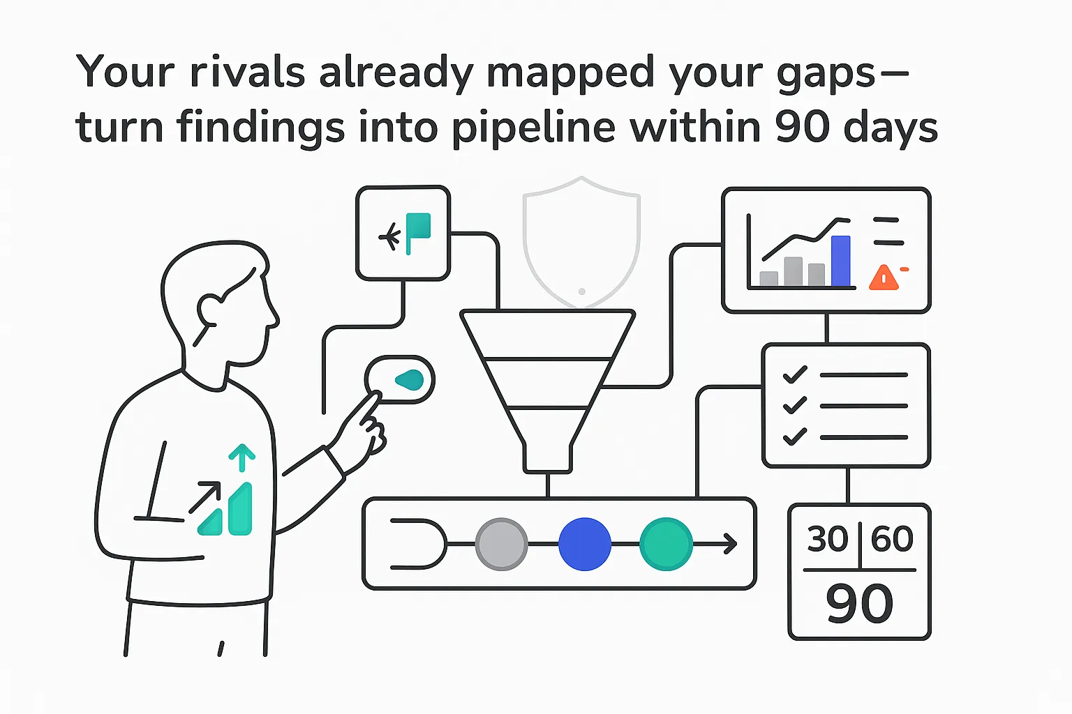 Minimalist tech illustration funnel pipeline color shifting deal tokens orbiting panels KPI toggle