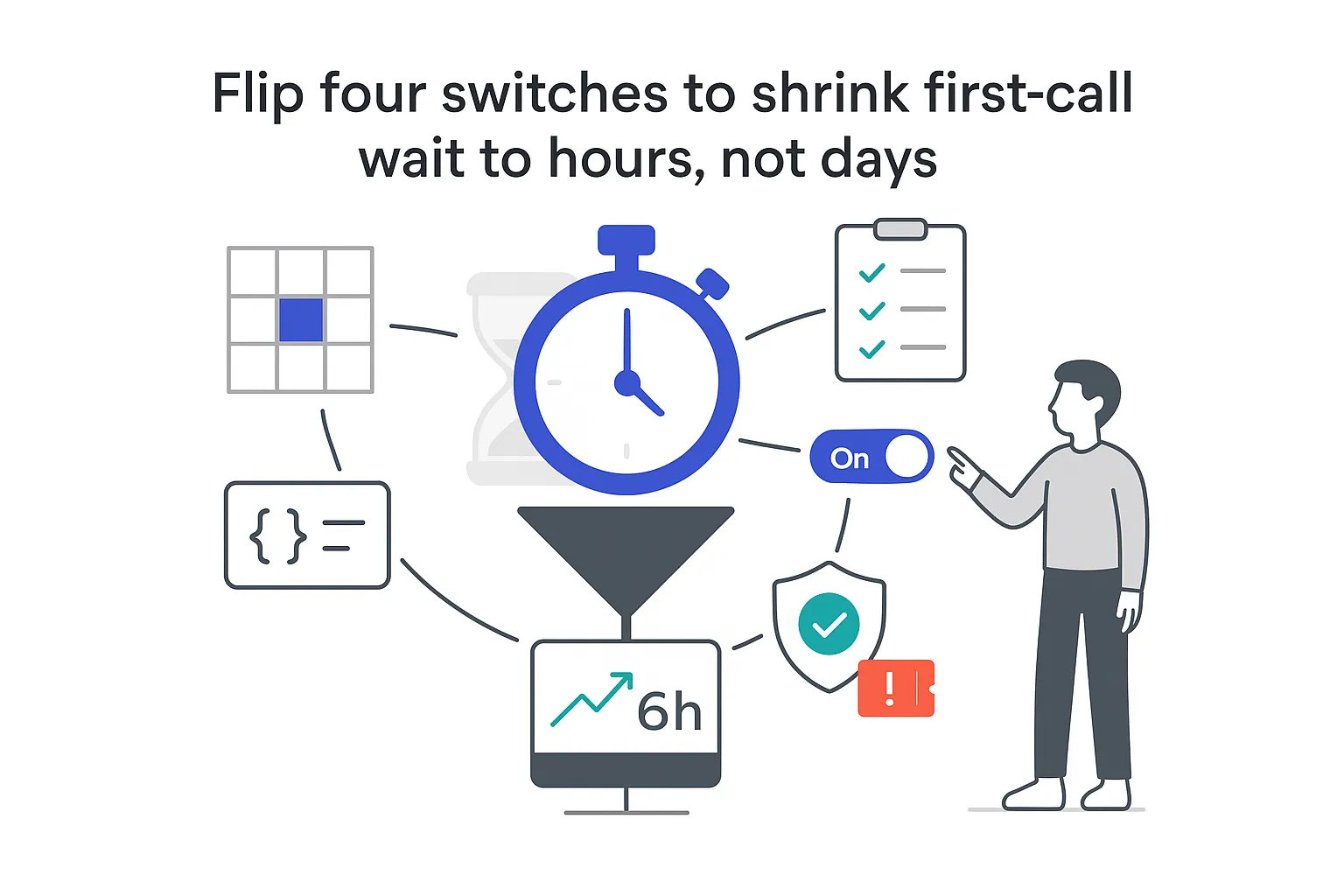 Minimalist tech illustration stopwatch hourglass funnel KPI 6h badge toggle reduces first call wait