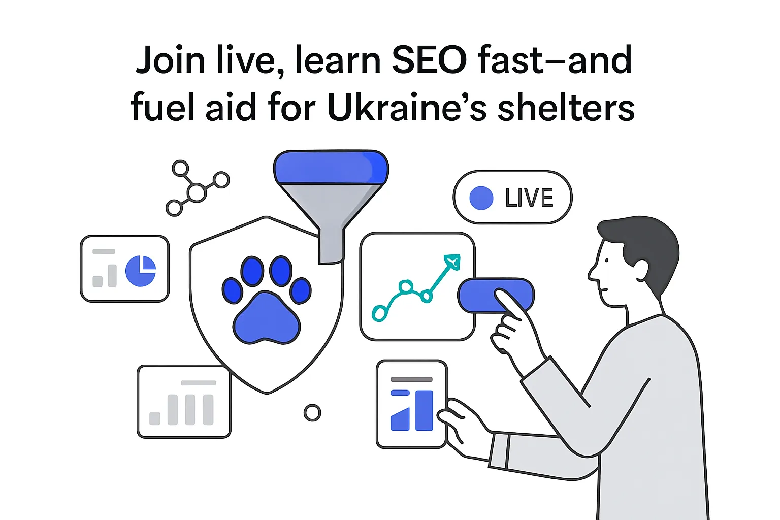 Minimalist tech illustration of SEO funnel shield with paw analytics live toggle supporting Ukraine shelters