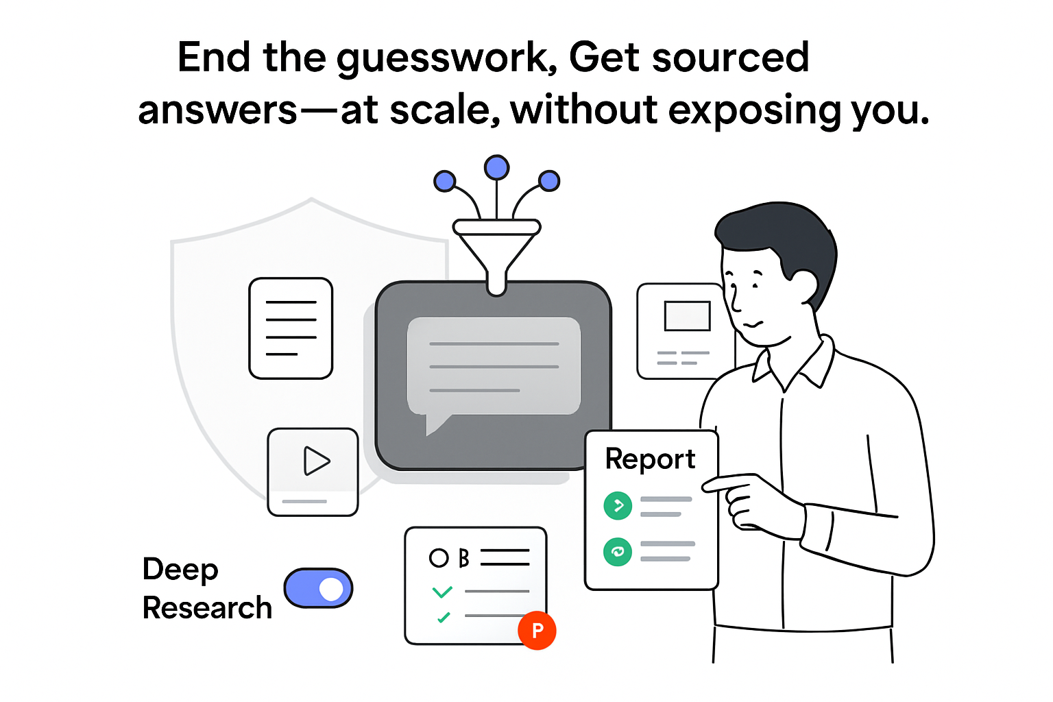 Minimalist tech illustration chat panel funnel research toggle report privacy shield sourced answers character
