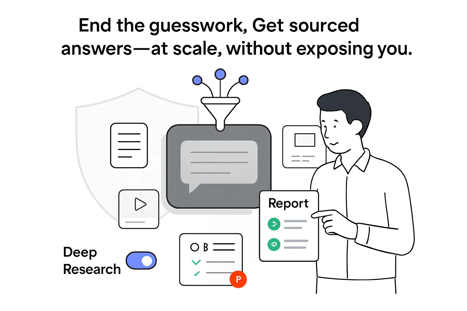 Minimalist tech illustration chat panel funnel research toggle report privacy shield sourced answers character