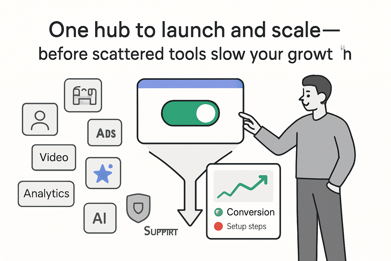 Central hub dashboard with toggle on funnel feeding report upward growth conversion metrics person pointing