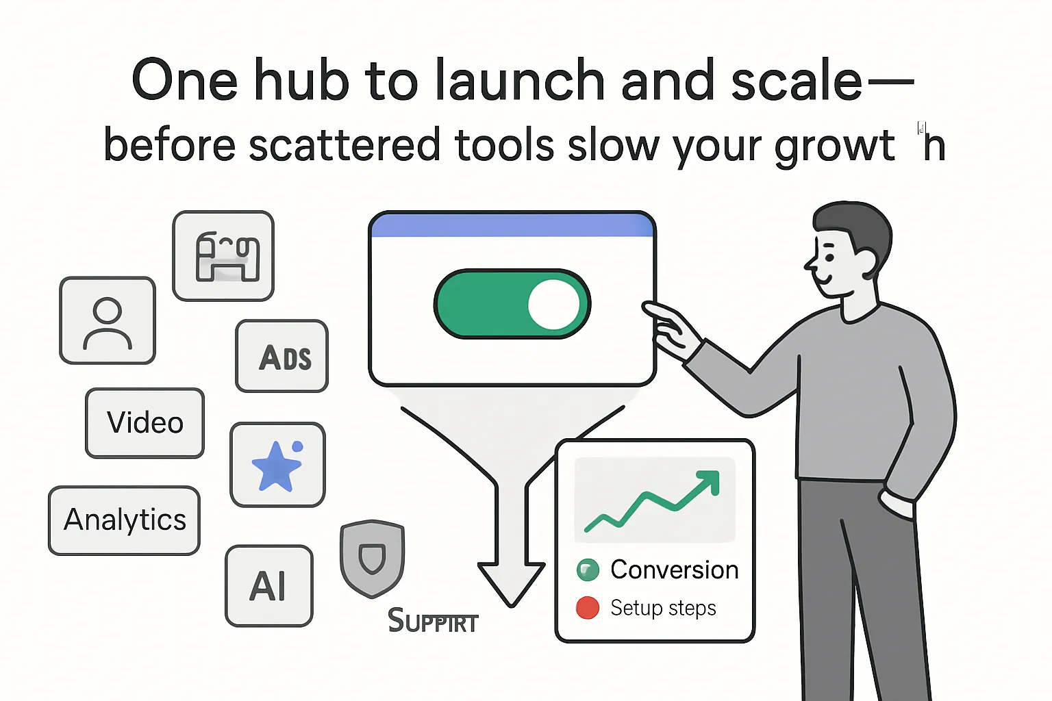 Central hub dashboard with toggle on funnel feeding report upward growth conversion metrics person pointing
