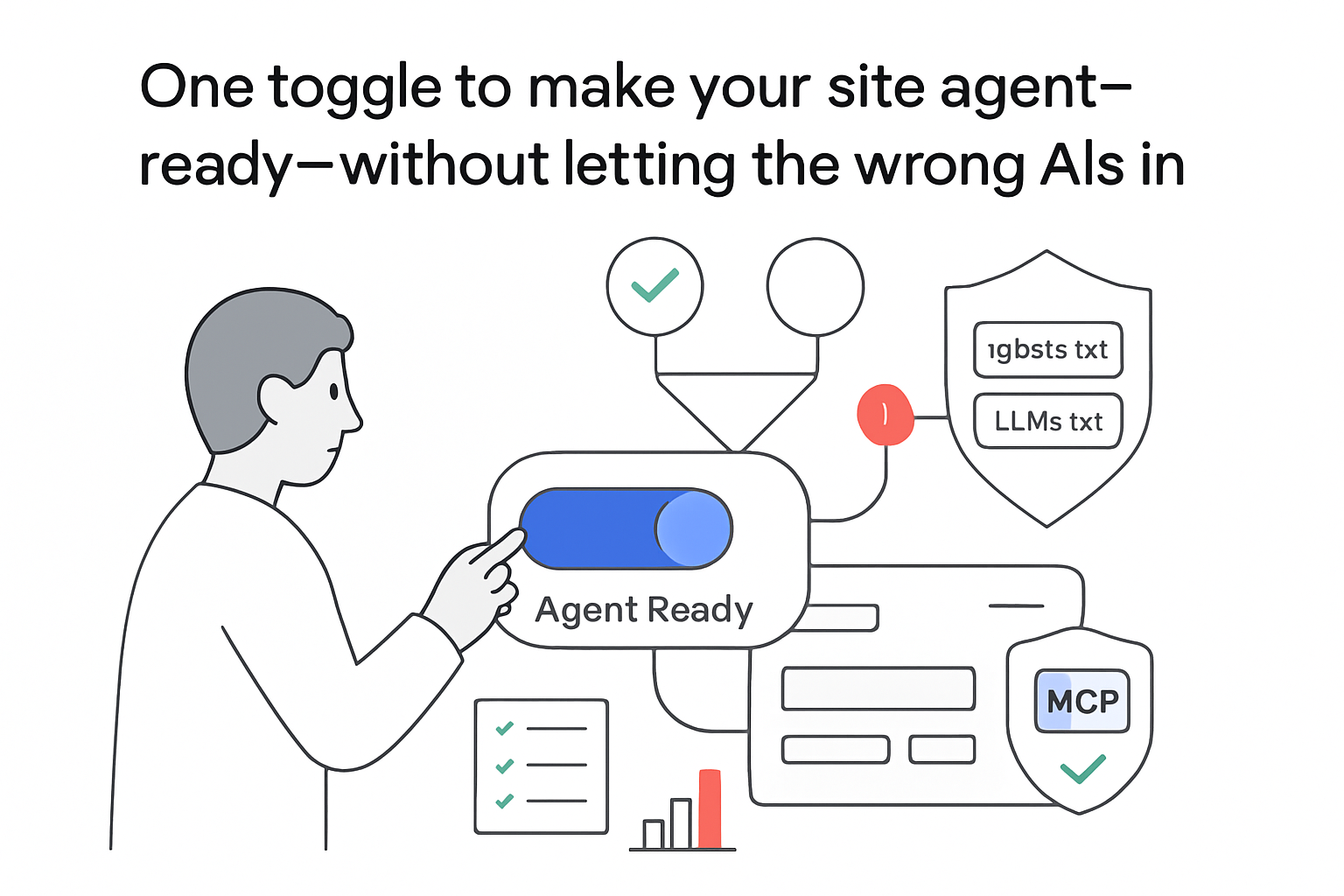 Agent Ready toggle funneling to site panel with shield robots txt LLMs txt blocked AI