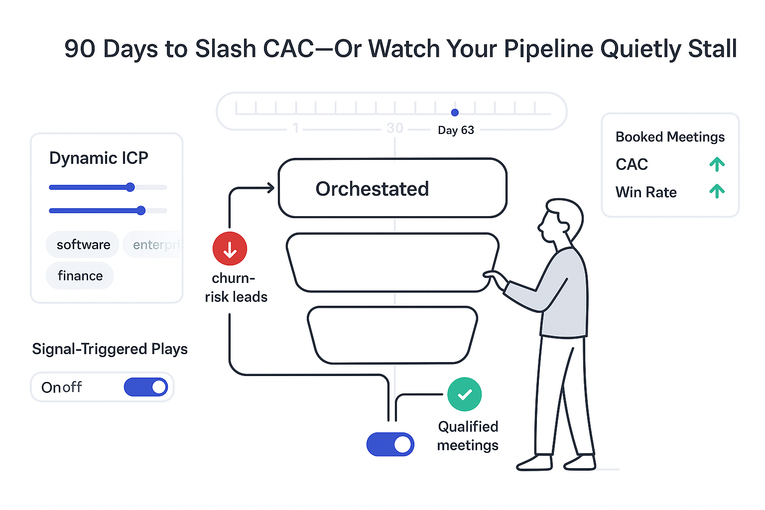 Minimalist tech illustration of orchestrated funnel with 90 day timeline dynamic ICP panel KPI card