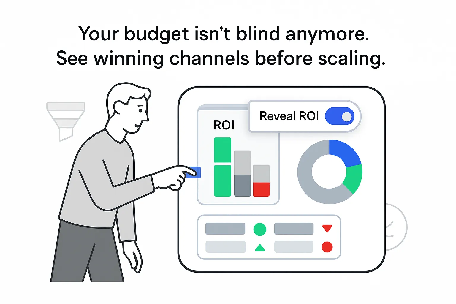 Minimalist dashboard revealing channel level ROI with stacked ROI bars budget pie and reveal toggle