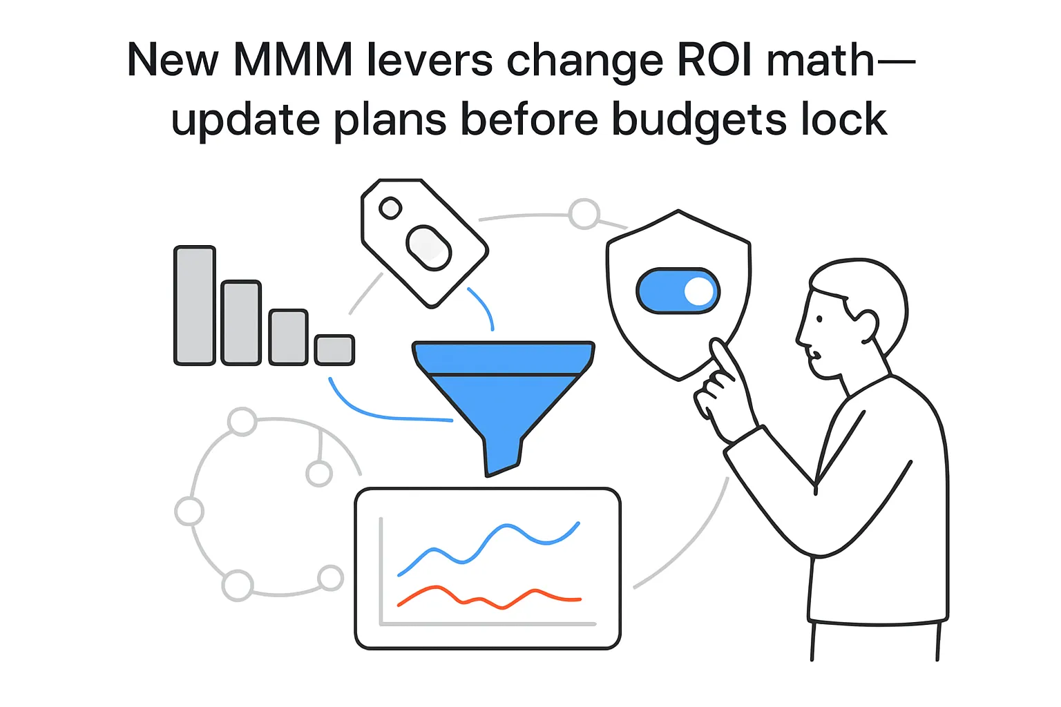 Minimalist tech illustration funnel fed by decaying adstock bars price tag shield toggle person pointing