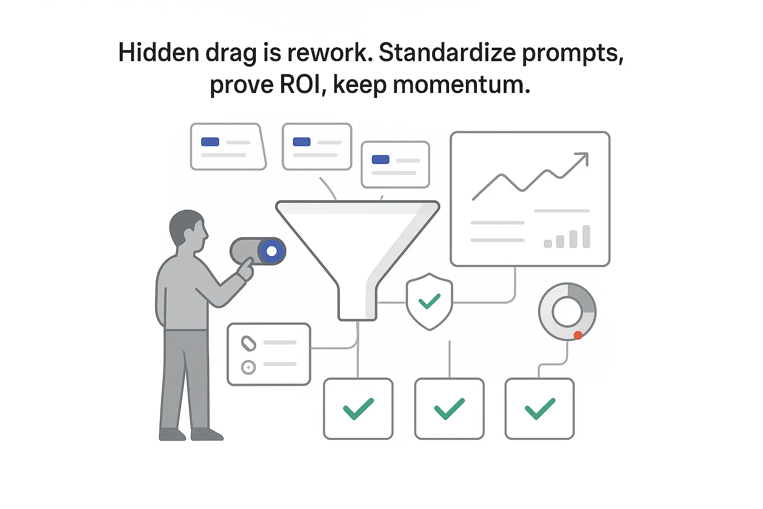 Minimalist tech illustration funnel with governance toggle KPI report library tiles and human silhouette