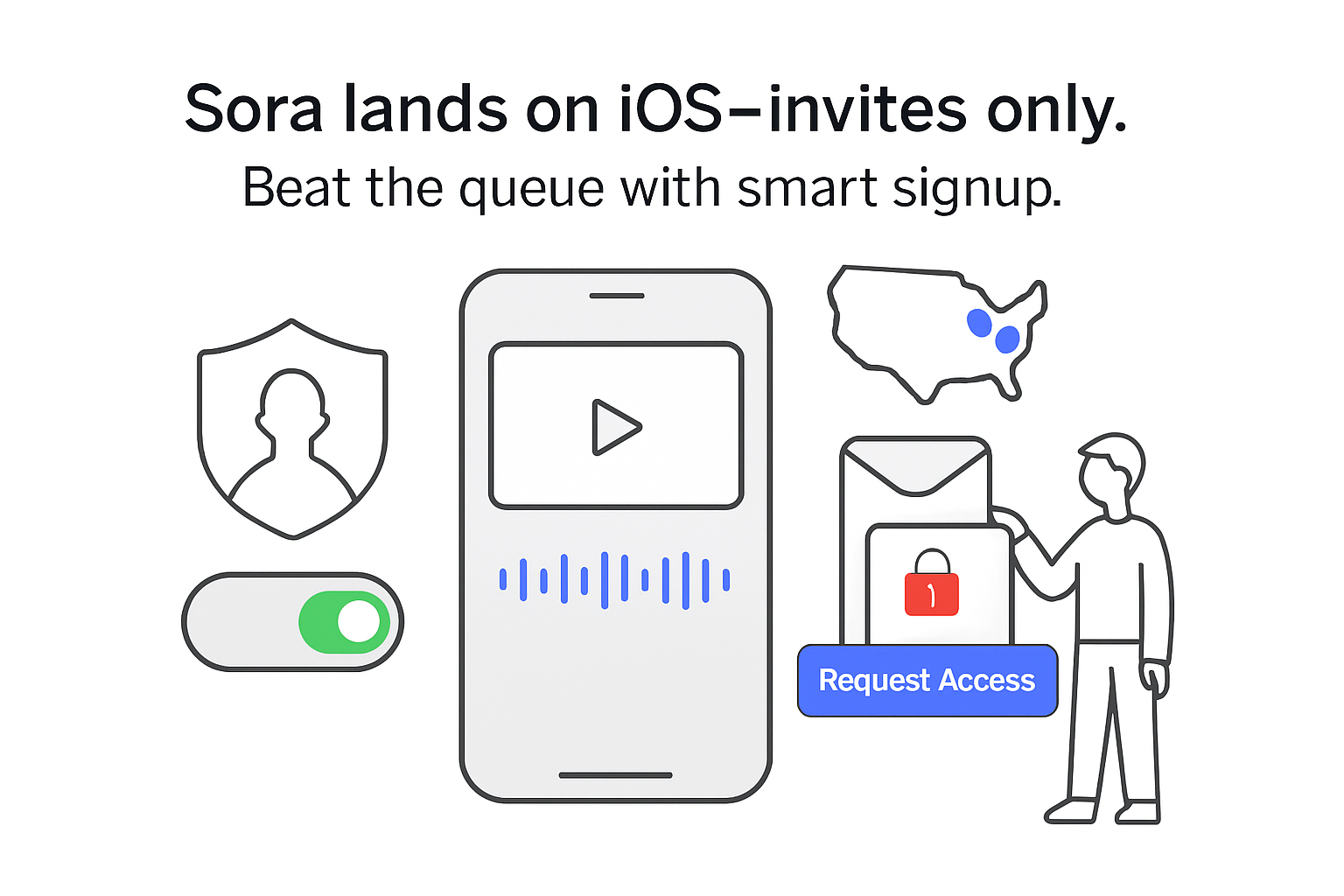 Minimalist iOS illustration smartphone with synced video waveform shield toggle invite funnel request access