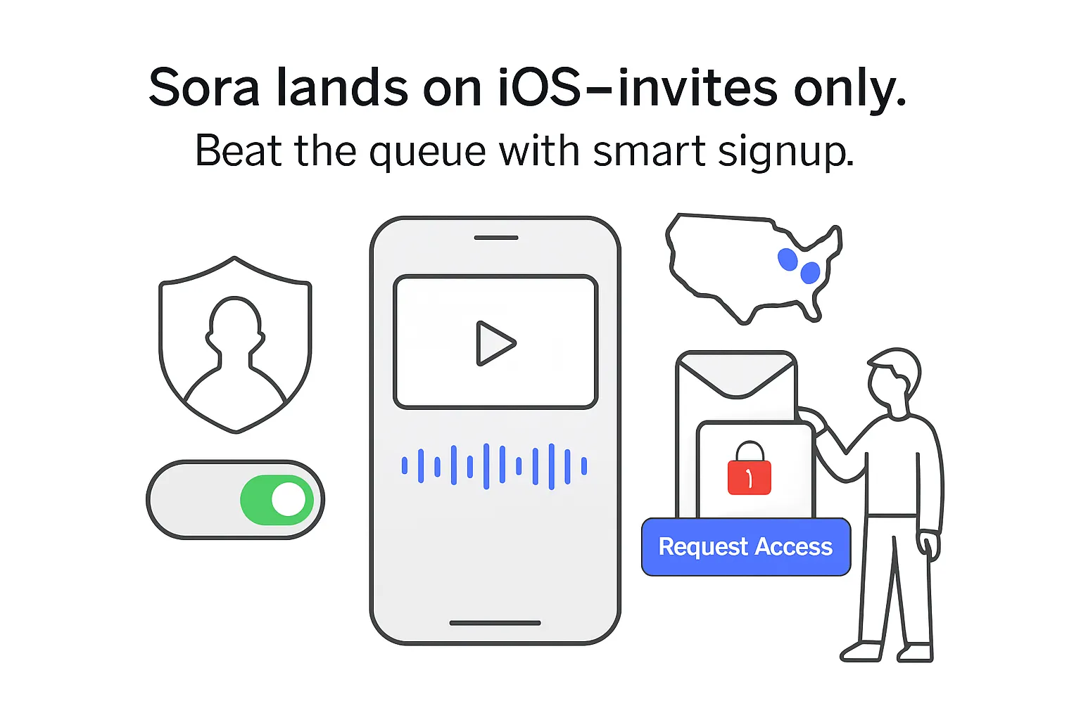 Minimalist iOS illustration smartphone with synced video waveform shield toggle invite funnel request access