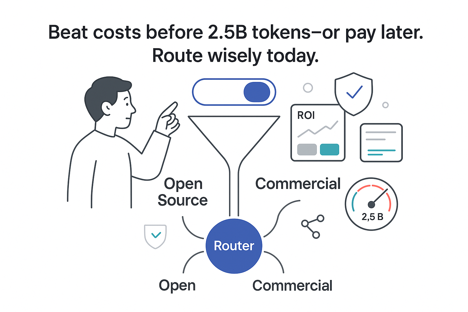 Minimalist tech funnel open source commercial routing to router with toggle person pointing ROI shield