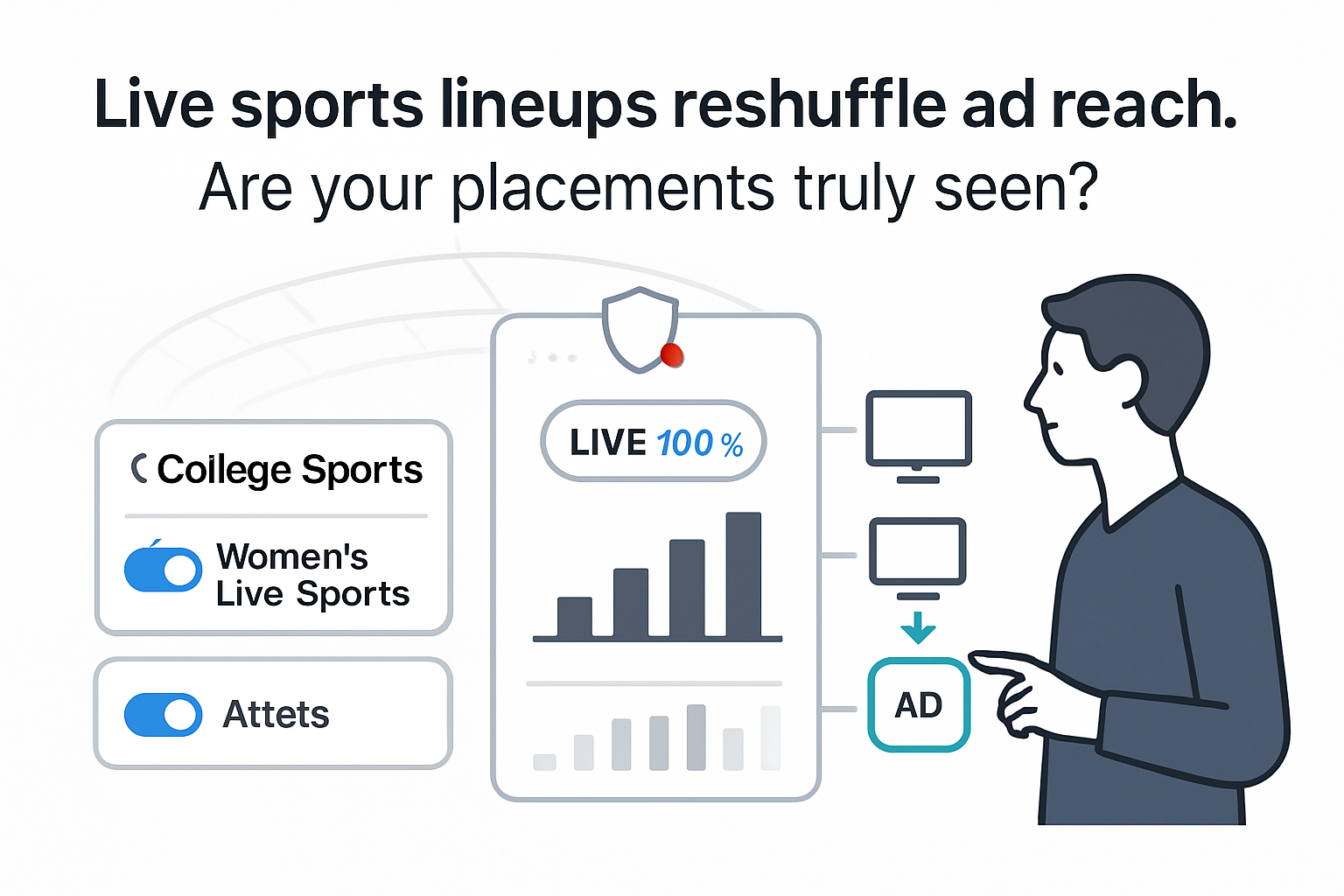 Live sports ad analytics panel with toggles ad placement funnel and risk alert