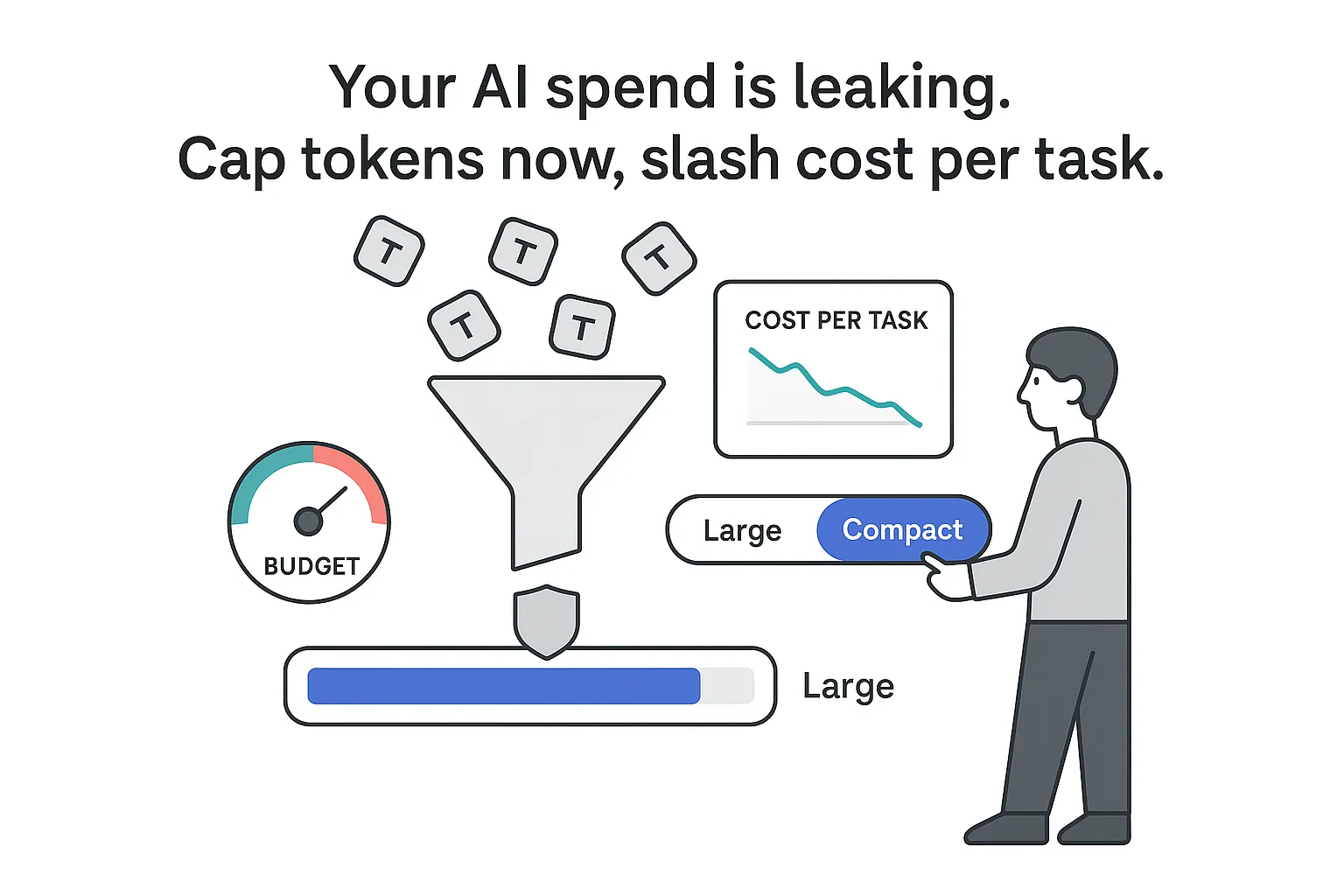 Minimalist AI spend illustration funnel reducing tokens cost per task panel shield cap compact toggle