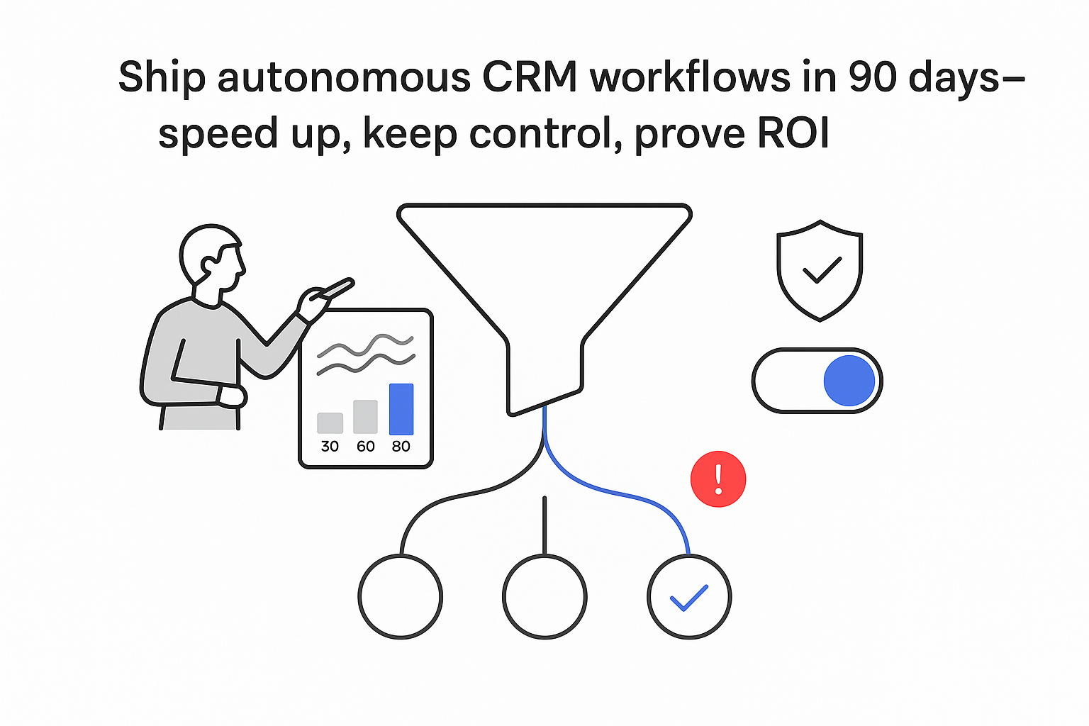 Minimalist AI CRM automation funnel with guardrail shield analytics panel person pointing 90 day bar