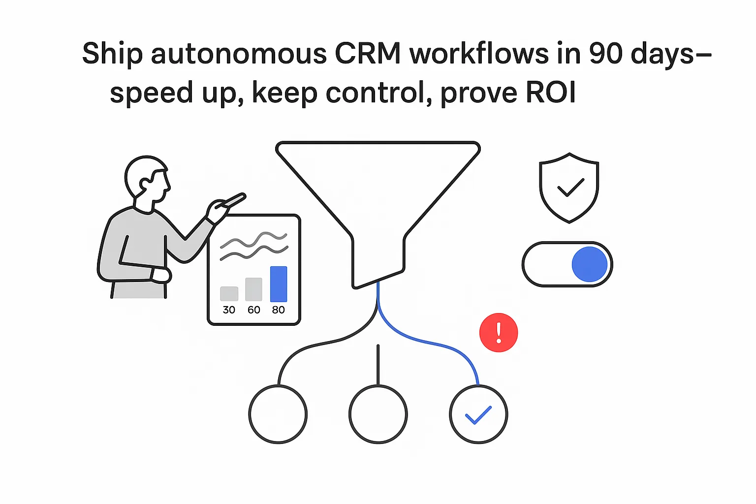 Minimalist AI CRM automation funnel with guardrail shield analytics panel person pointing 90 day bar