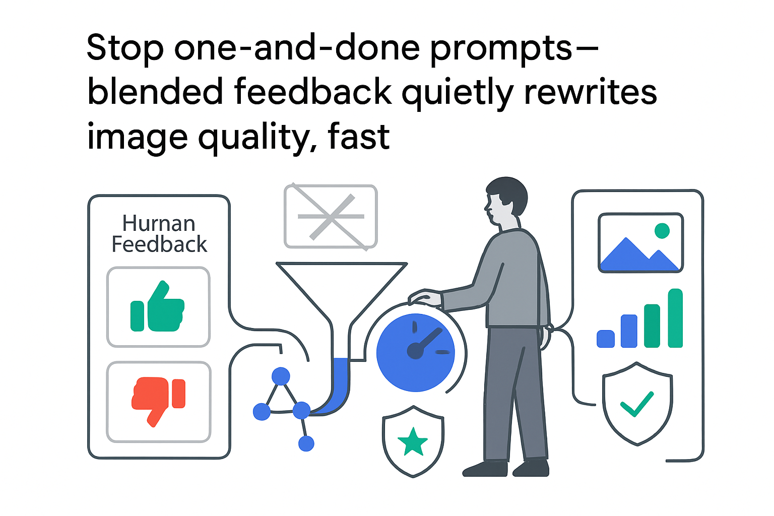 Minimalist tech illustration dual stream feedback funnel human feedback nodes control dial quality preview shield