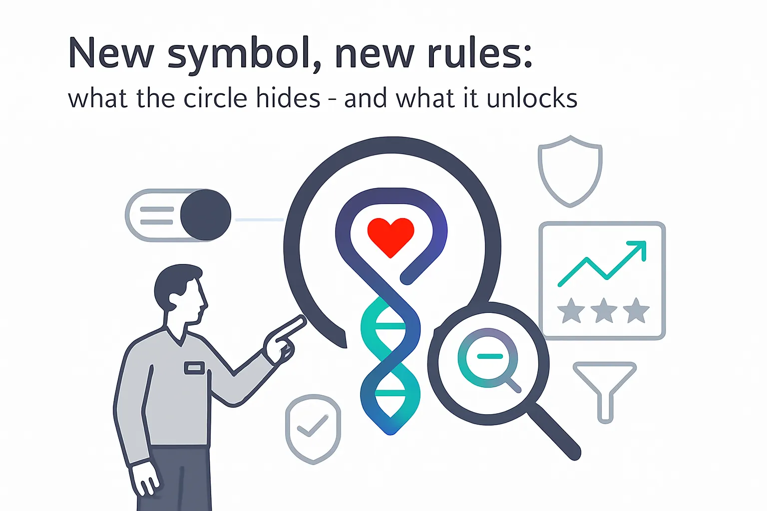 Minimalist circle and coil glyph hiding heart and DNA with toggle analytics and person pointing