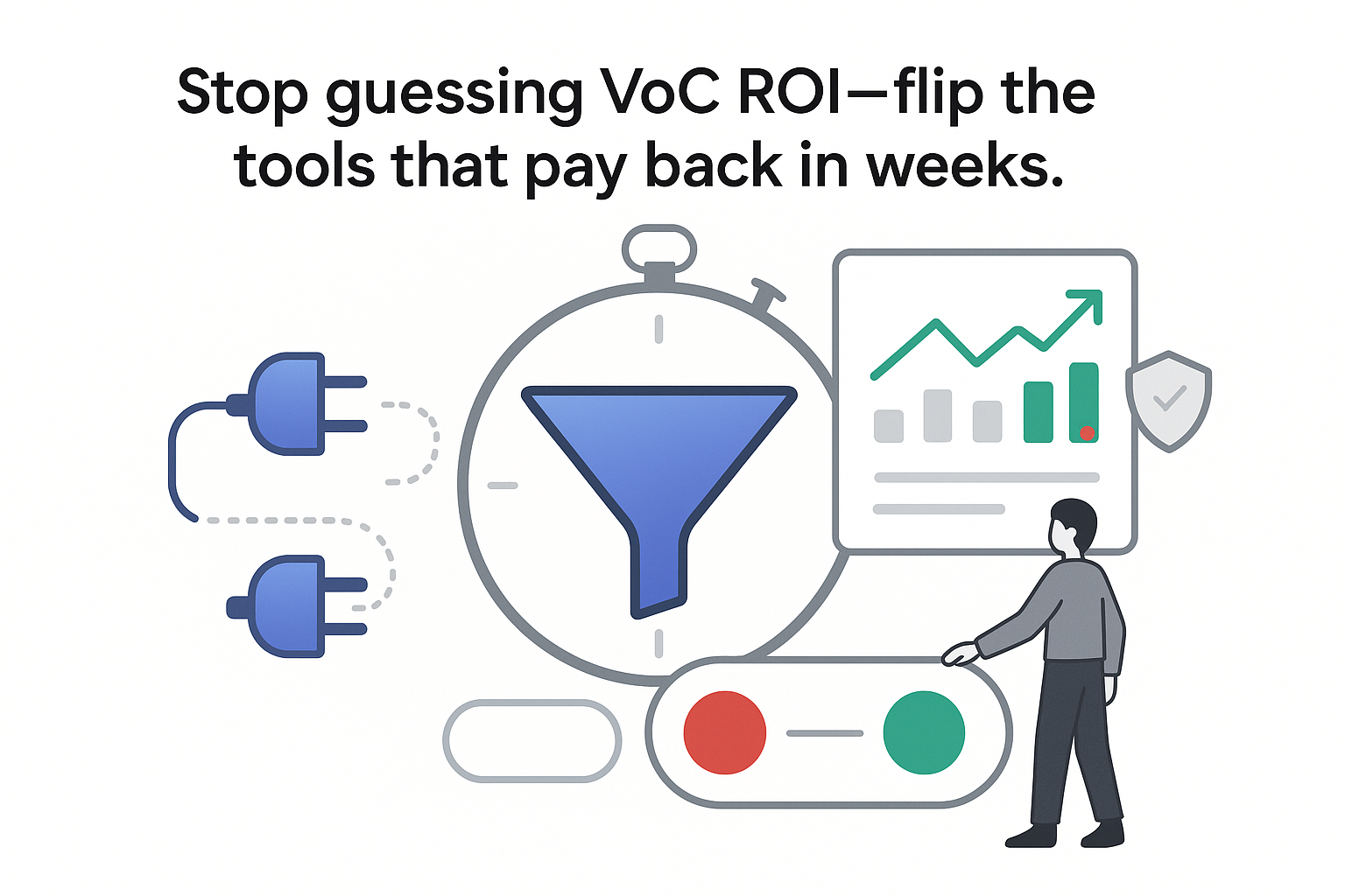Minimalist illustration funnel and stopwatch with integrations report toggle flipped to success by person