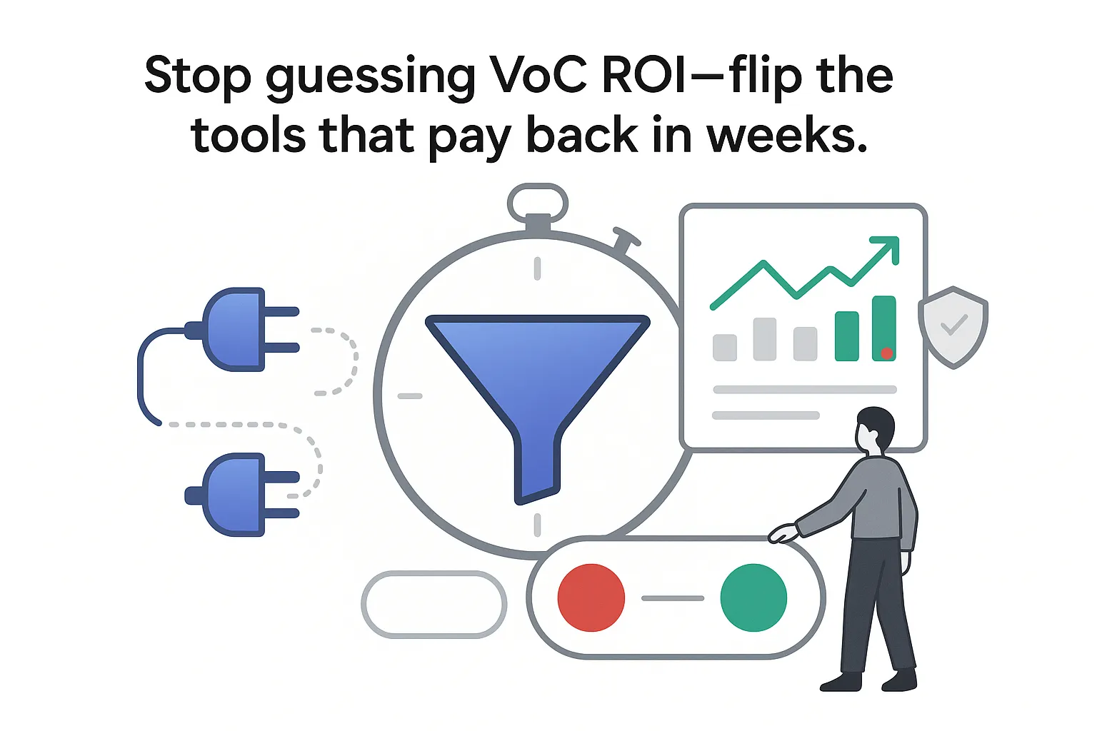 Minimalist illustration funnel and stopwatch with integrations report toggle flipped to success by person