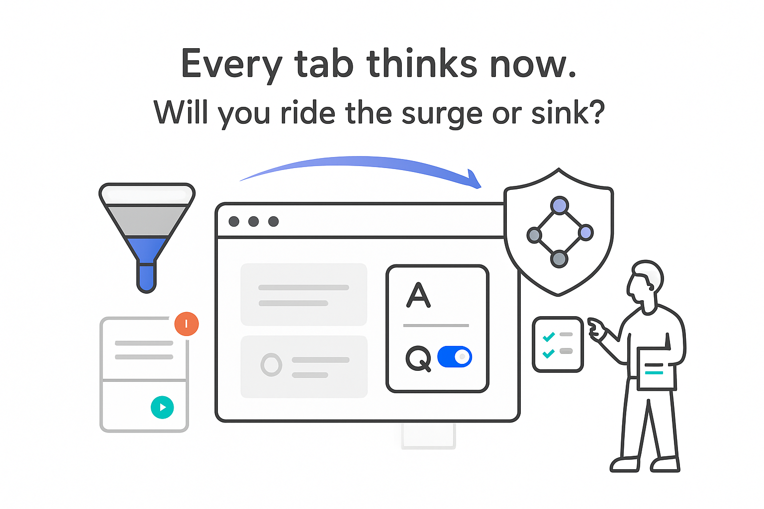 Minimalist tech illustration browser window AI side panel toggle funnel chart shield human reviewing report