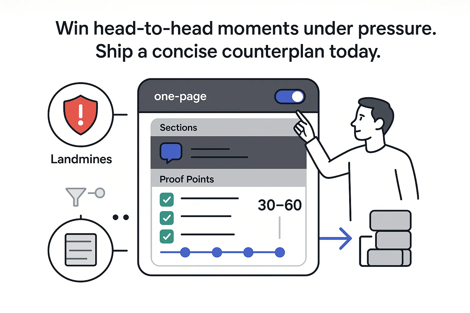 Minimalist tech illustration of one page battlecard with shield alert migration path and pointing character