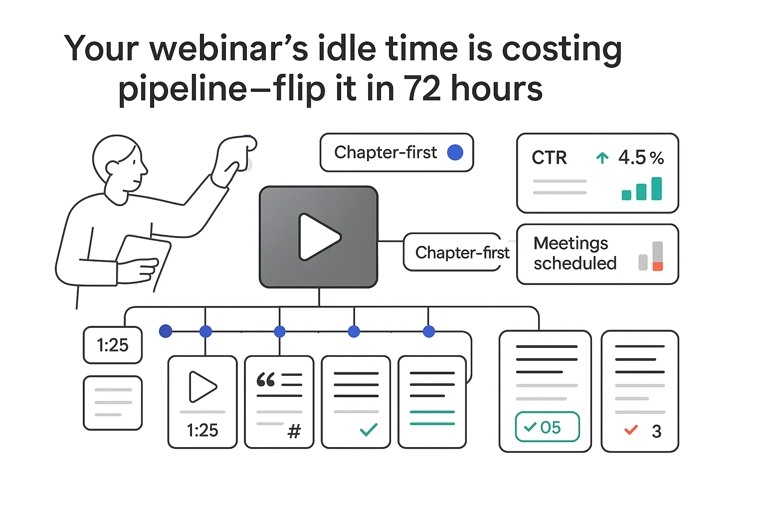 Minimalist webinar illustration large play button chapter timeline asset cards performance panel toggle person pointing