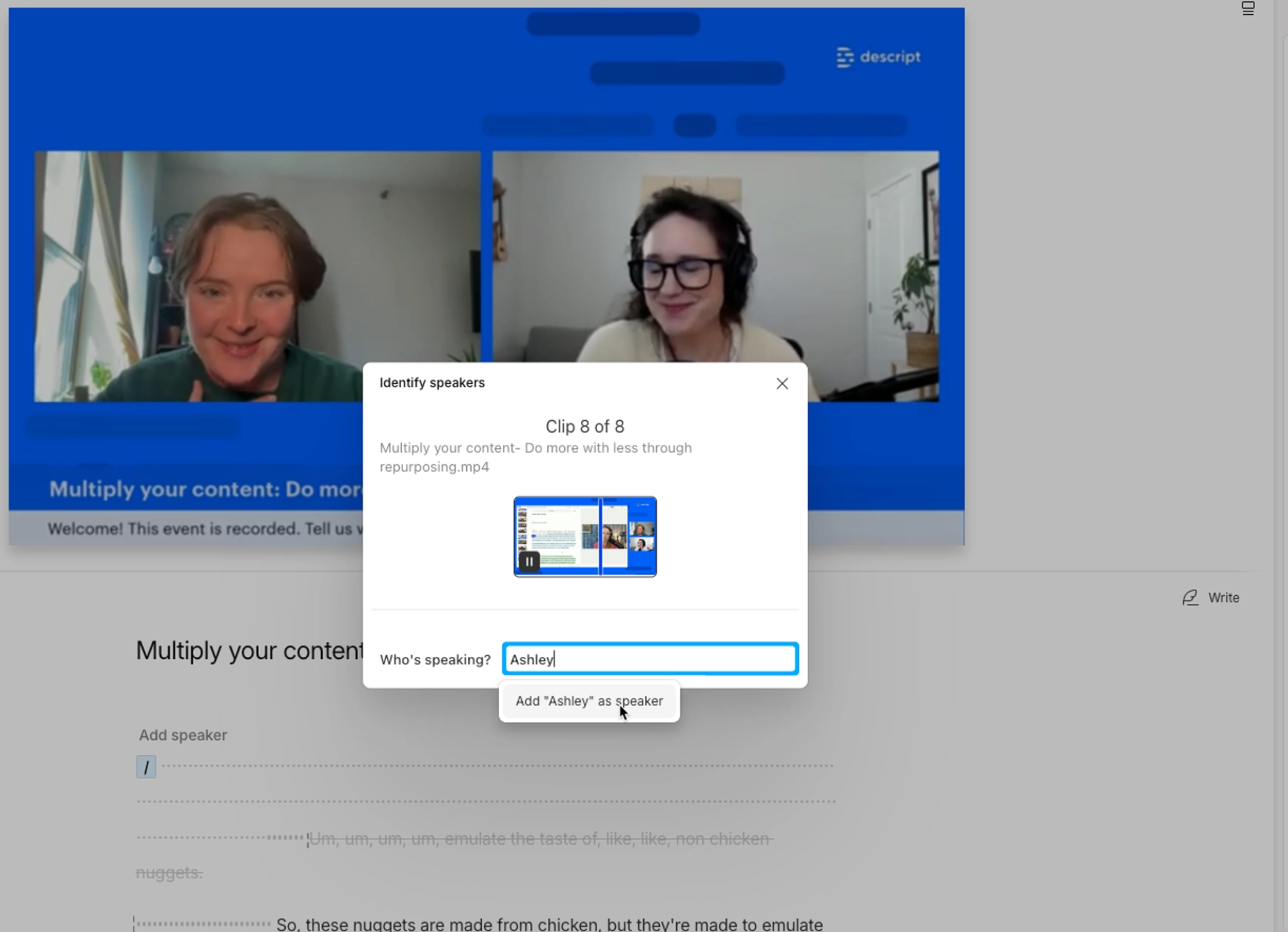 Automatic speaker detection in Descript for a webinar