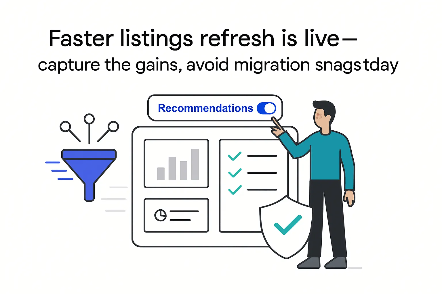 Minimalist dashboard import funnel shield recommendations toggle listings refresh and compact report card
