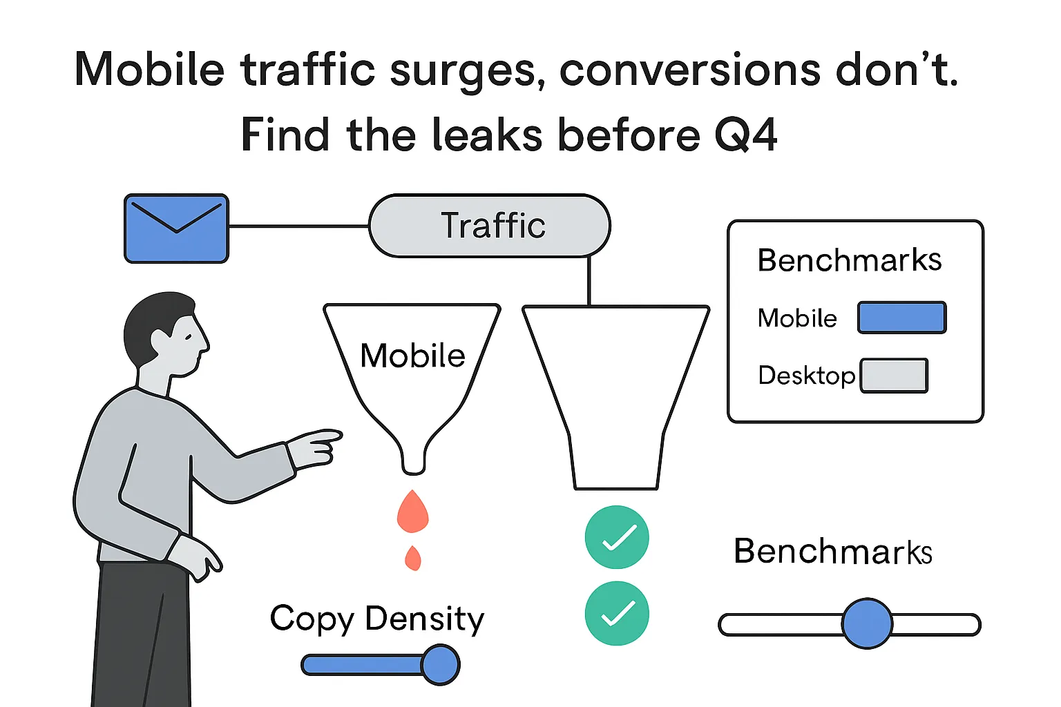 Minimalist illustration of mobile and desktop funnels leaking traffic email node benchmarks copy density slider