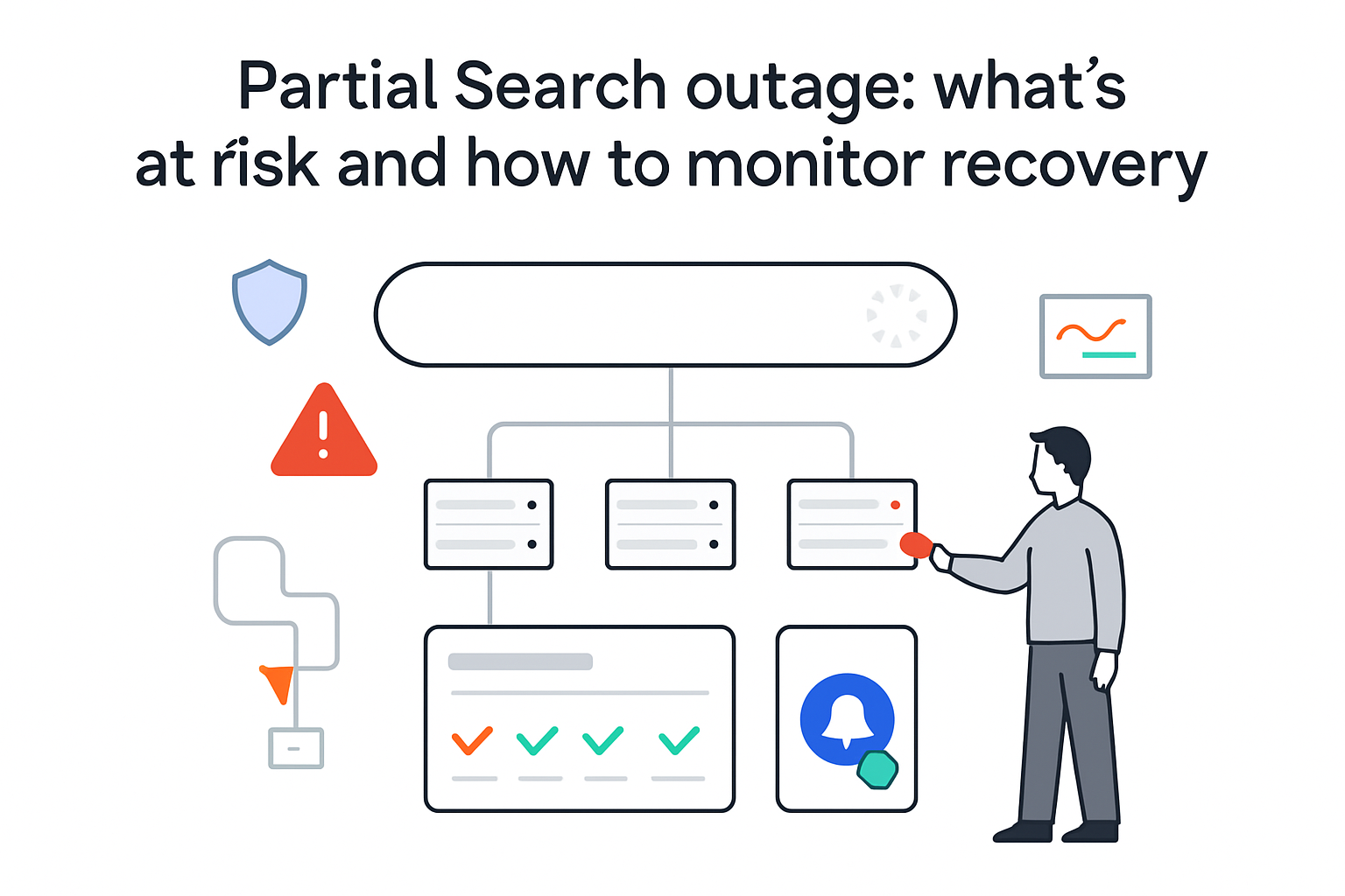 Minimalist tech illustration partial search outage monitoring search bar loader alerts server fault recovery timeline