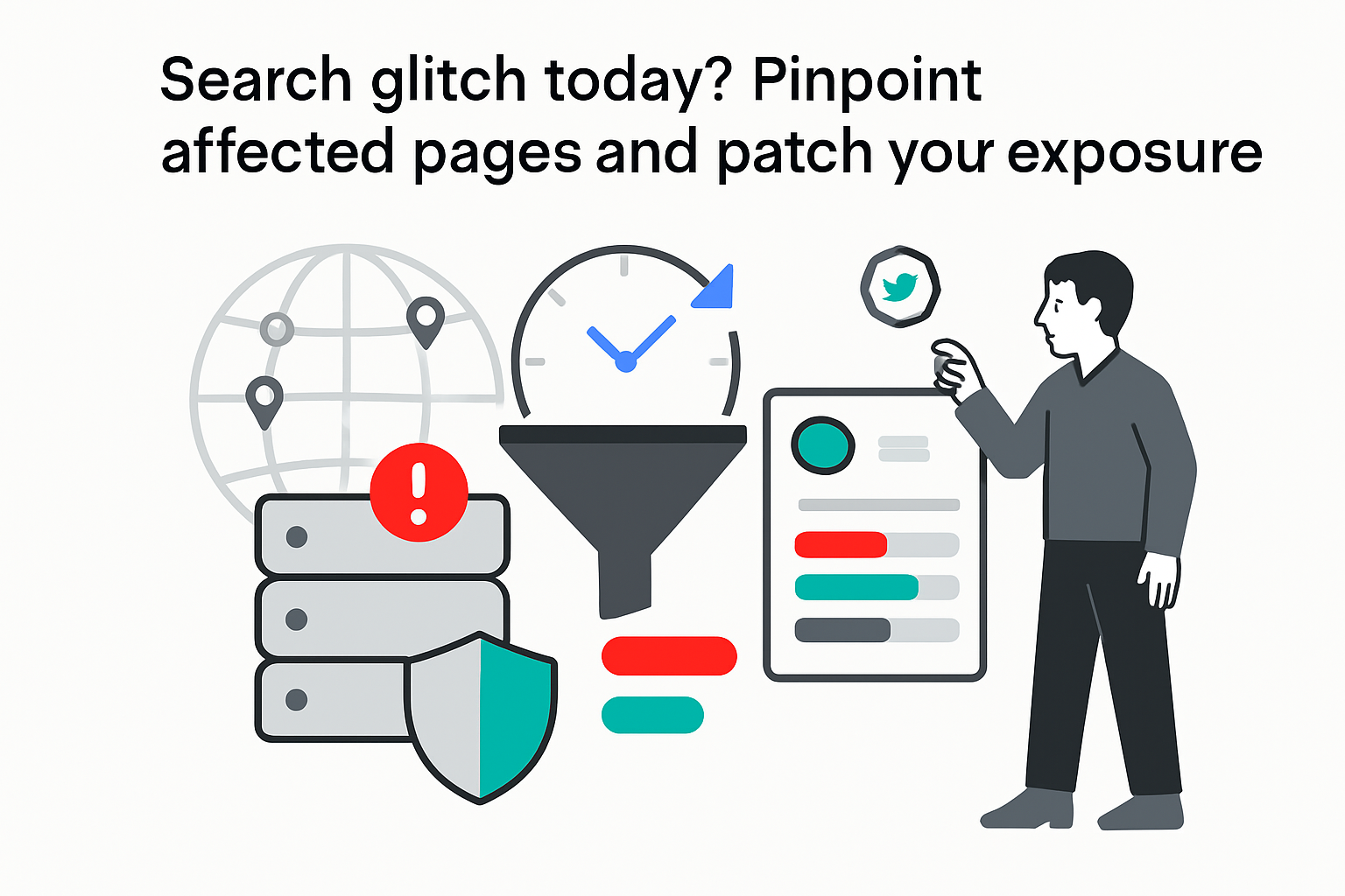 Minimalist tech illustration representing search disruption and rapid mitigation with server alert and recovery shield